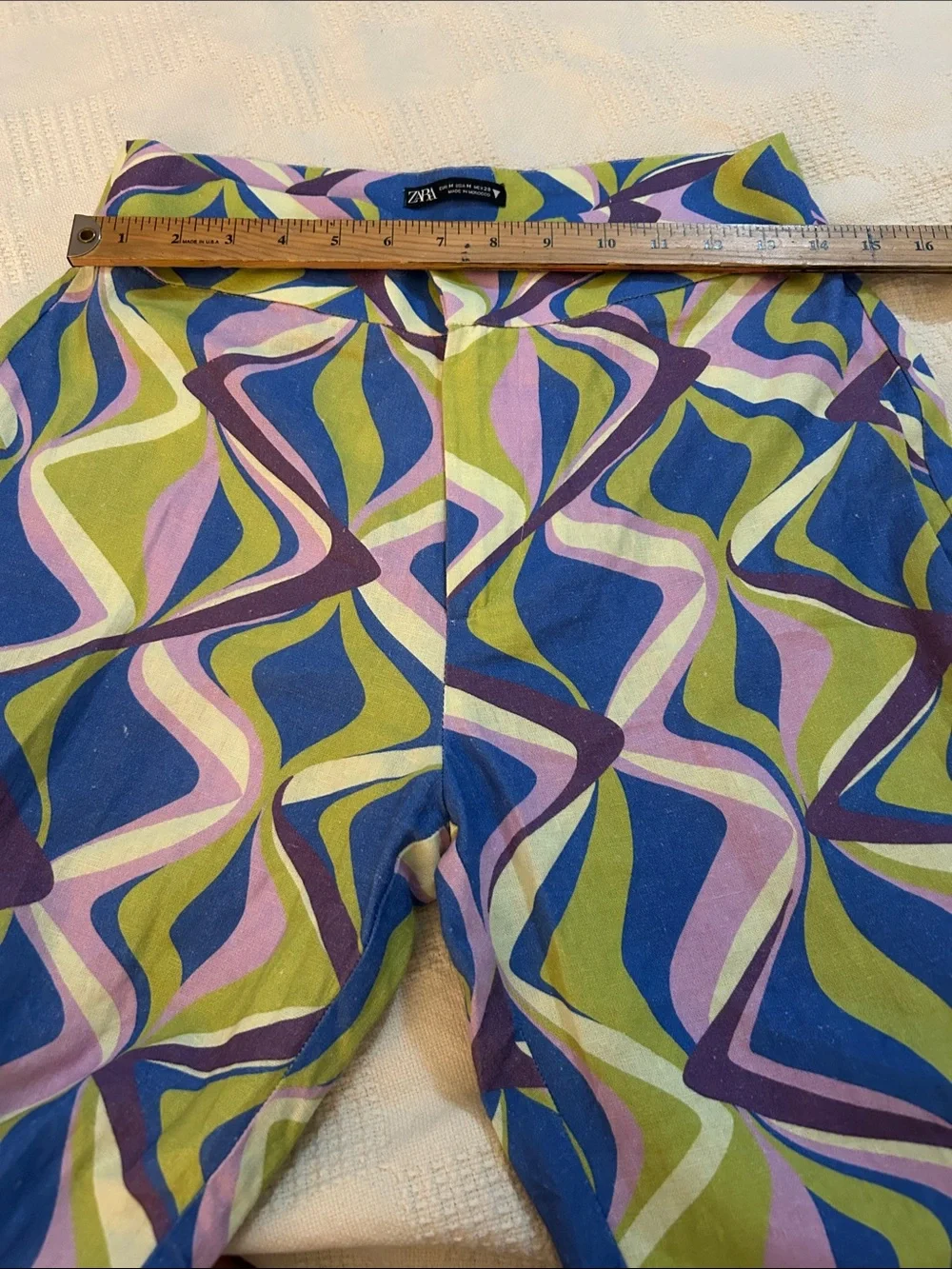Zara Linen Blend Flared High Rise Pants Multicolor Geometric Print Sz Med